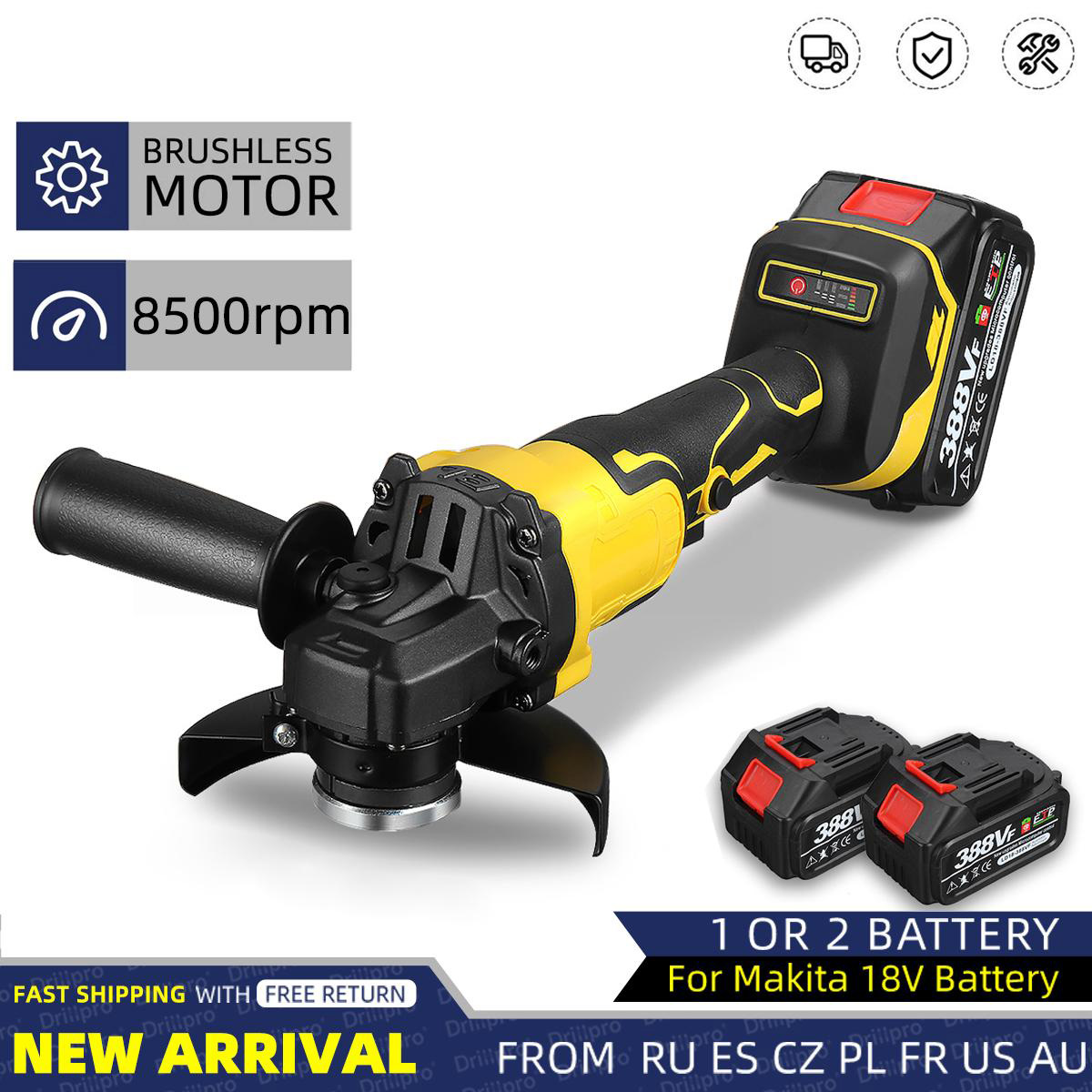 Socoje 388VF 1280W 8500rpm 3 gears 125mm Brushless Lithium Electric Angle Grinder for Makiita 18V Battery