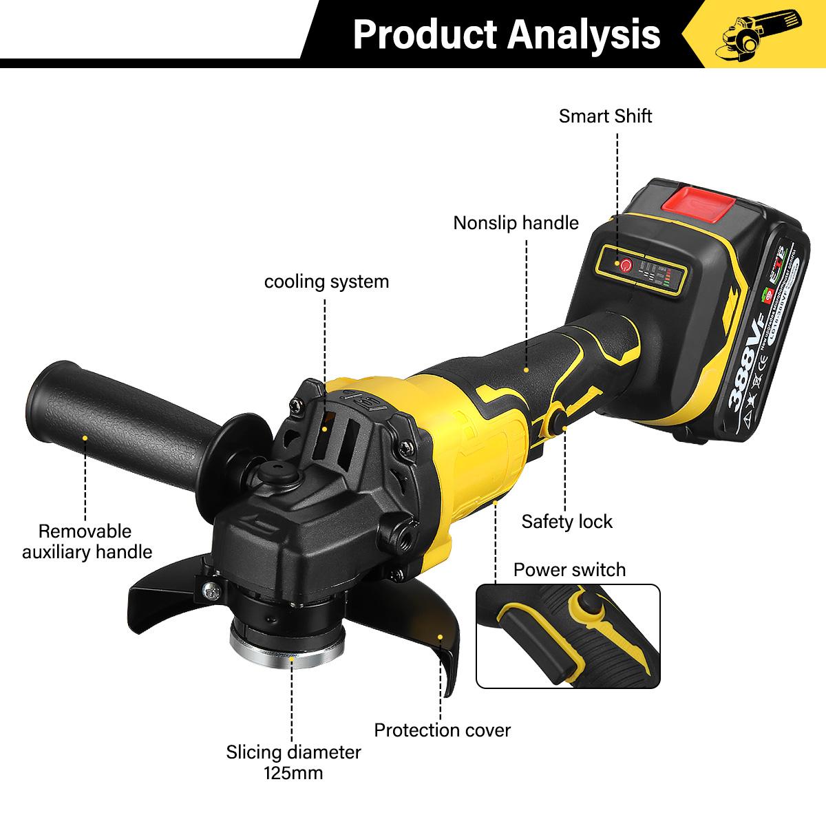 Socoje 388VF 1280W 8500rpm 3 gears 125mm Brushless Lithium Electric Angle Grinder for Makiita 18V Battery