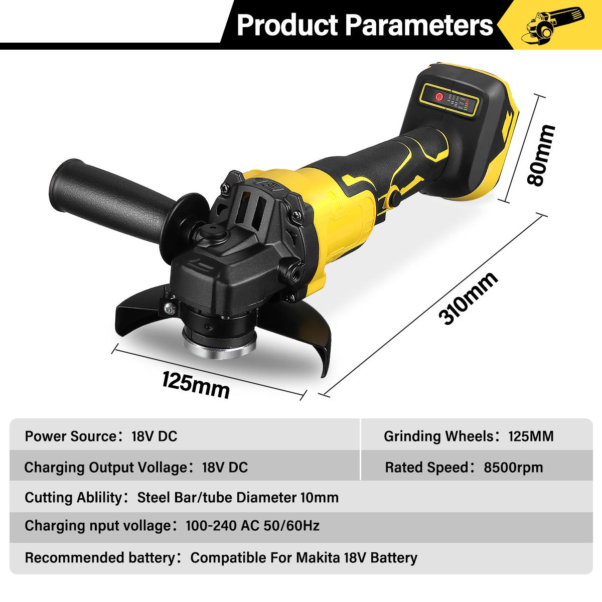 Socoje 388VF 1280W 8500rpm 3 gears 125mm Brushless Lithium Electric Angle Grinder for Makiita 18V Battery