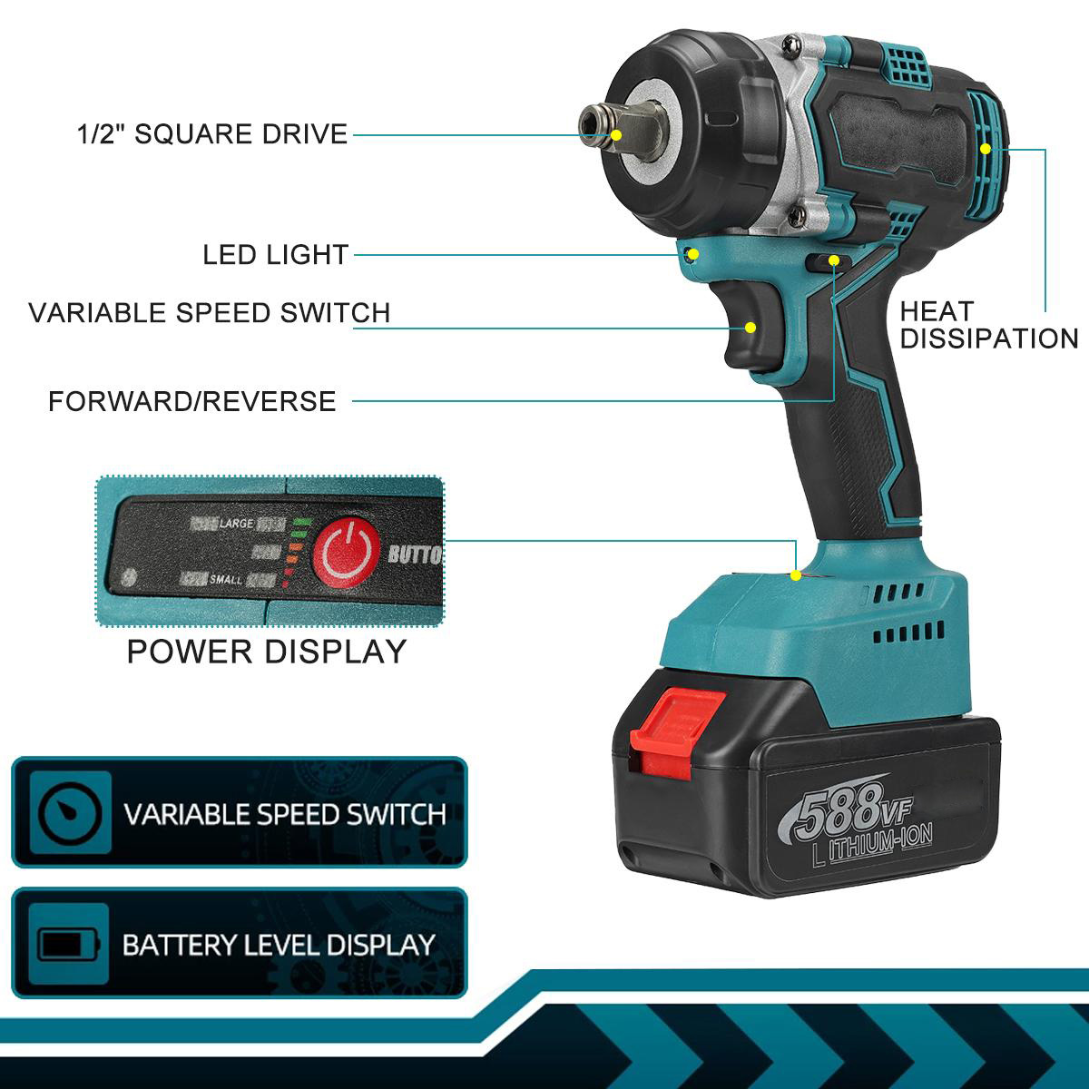 Socoje 588VF 420N.m 18V 1/2 Brushless Electric Impact Wrench With One/Two Battery