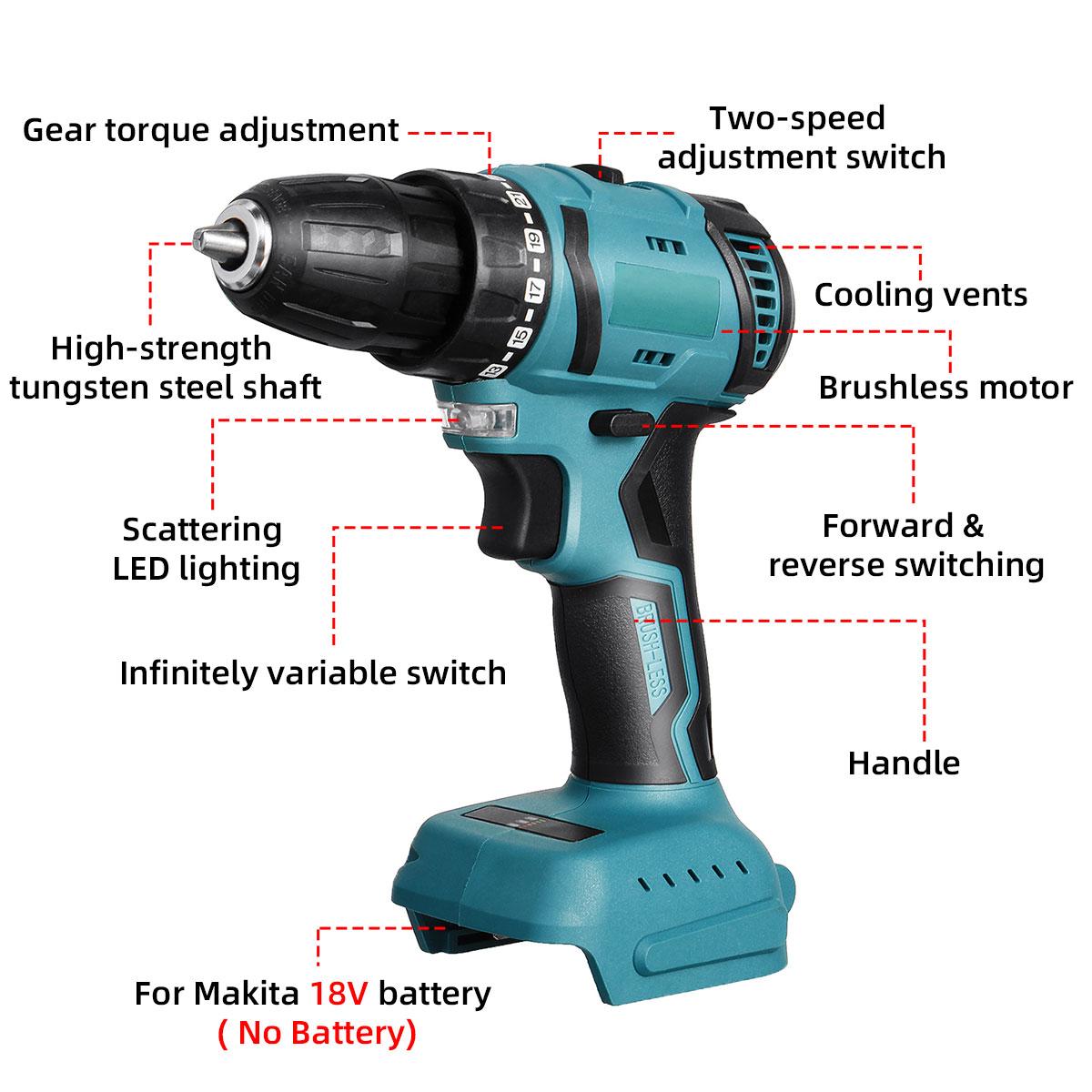 Socoje 80N.m 2000RPM Brushless Cordless Electric Impact Drill Hammer Electric Screwdriver Variable Speed for Makita18V Battery