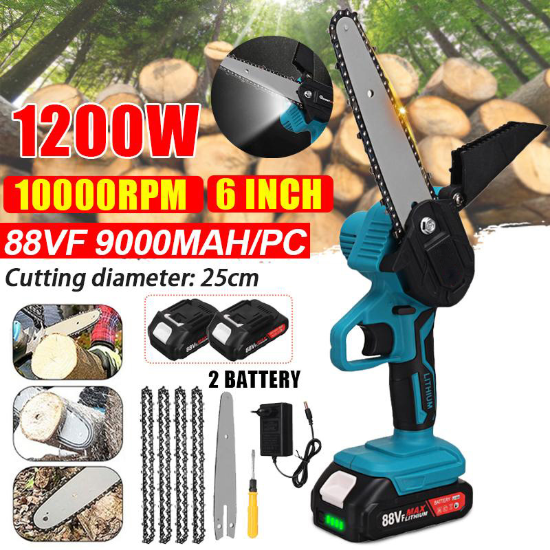 1200W 10000rpm 9000mah 6inch Electric Chain Saw Rechargeable Handheld Cutting Tool with 2 Battery