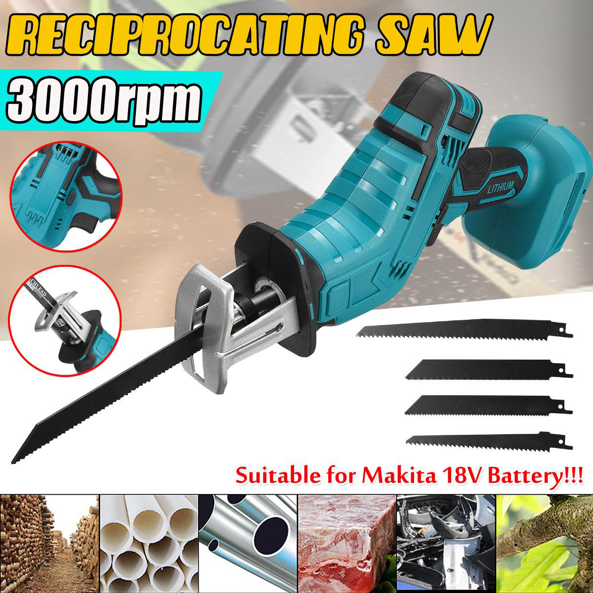 18V 10mm Coedless Electric Reciprocating Saw Variable Speed Metal Wood Cutting Tool Electric Saw With 4X Saw Blades For Battery