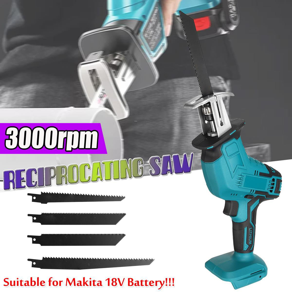 18V 10mm Coedless Electric Reciprocating Saw Variable Speed Metal Wood Cutting Tool Electric Saw With 4X Saw Blades For Battery