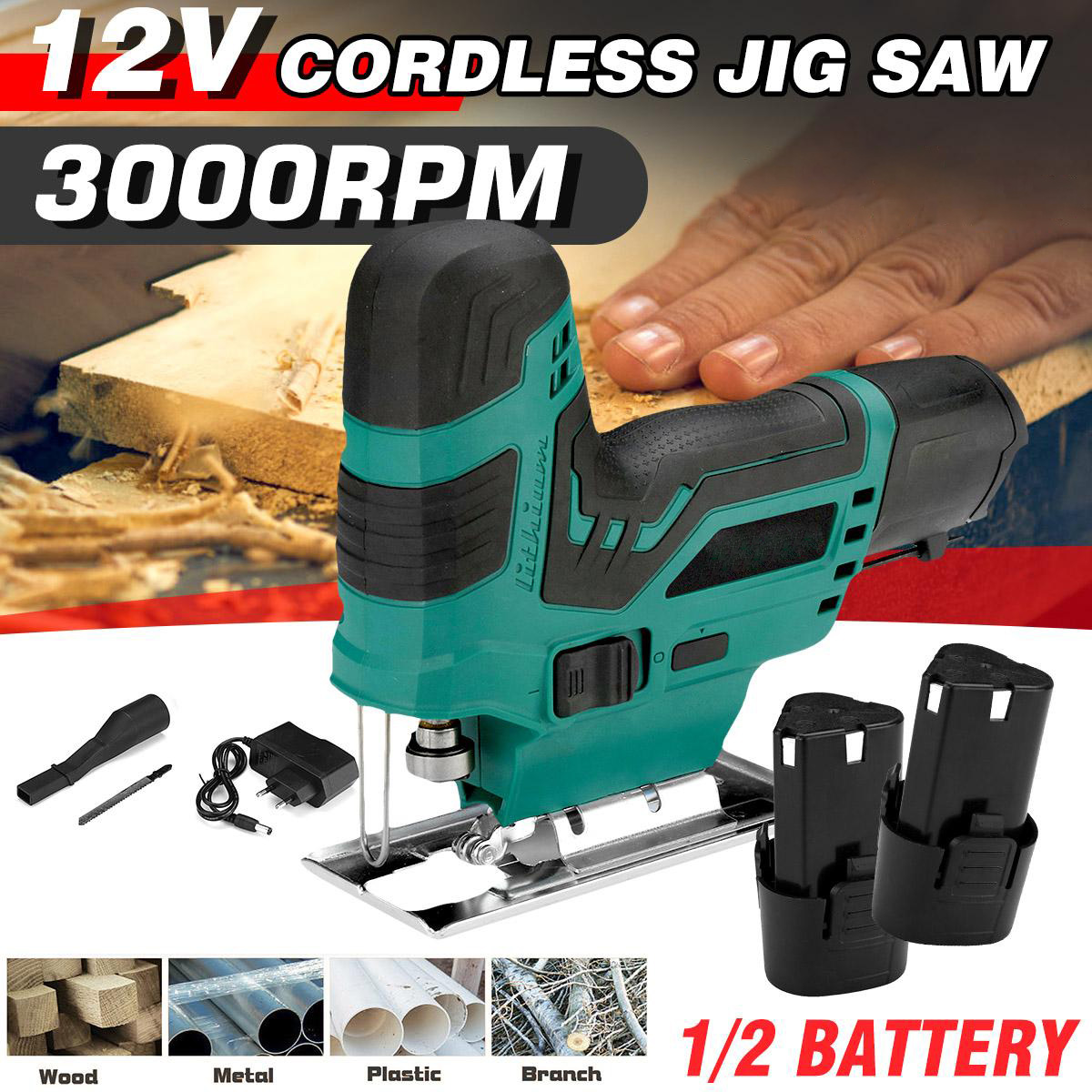 Socoje 12V Portable Electric Saw Pruning Jig Saw Rechargeable Woodworking Power Tools Wood Cutter W/1pc/2pcs Battery EU Plug