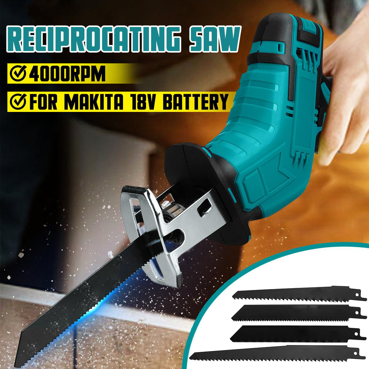 Socoje 18V Cordless Reciprocating Saw Body With 4 Saw Blades Woodworking Pruning Saw For Makita 18V Battery