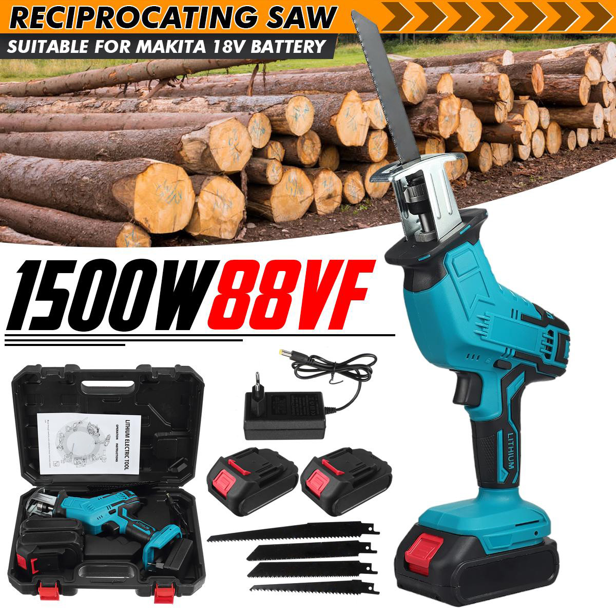 88VF Cordless Reciprocating Saw Battery Powered Electric Saw For Metal/Wood/PVC Pipe/Tree With 4 Saw Blades & Battery For Makita