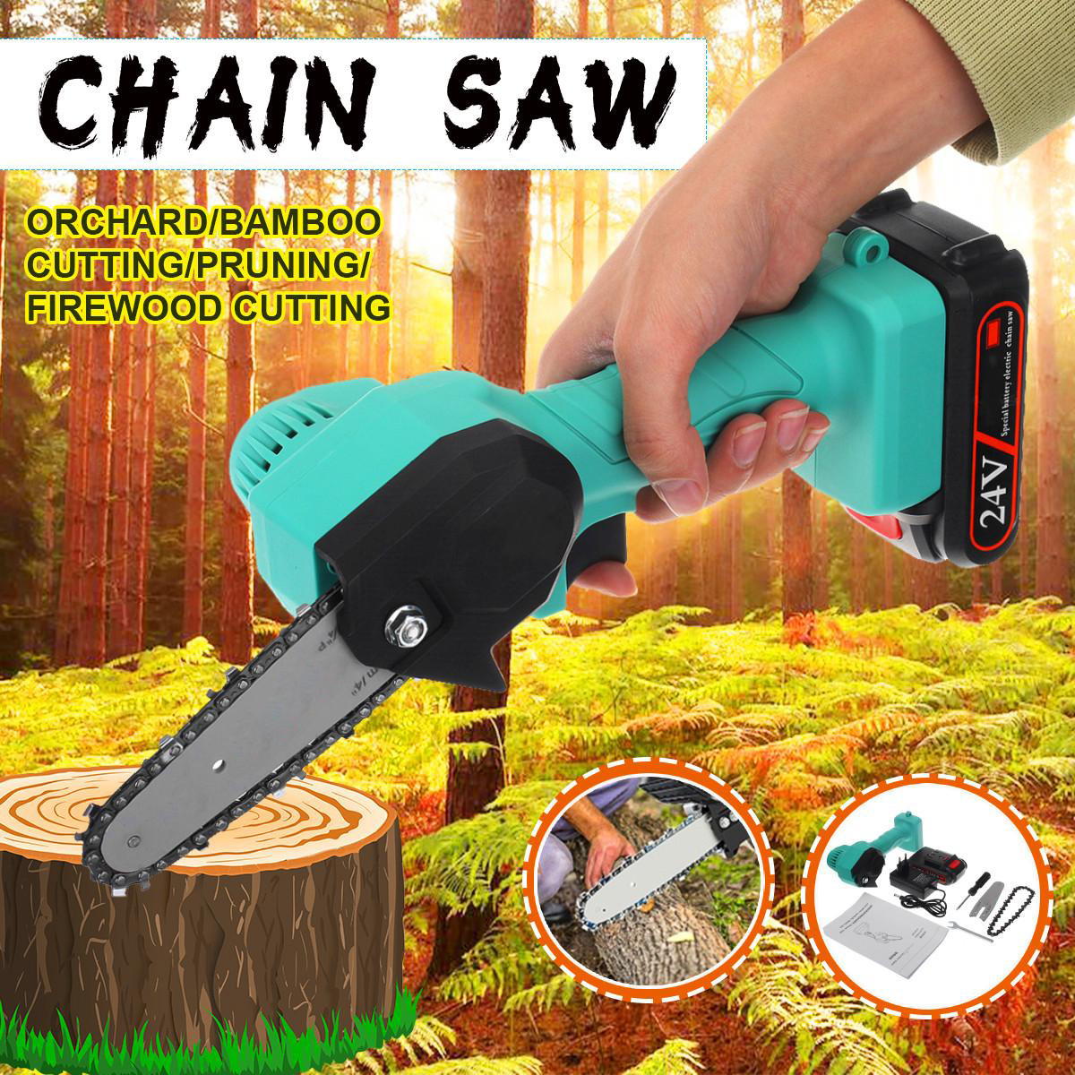 21V Rechargeable Portable Electric Saws Household Woodworking Chainsaw Garden Mini Electric Chain Saw with Battery