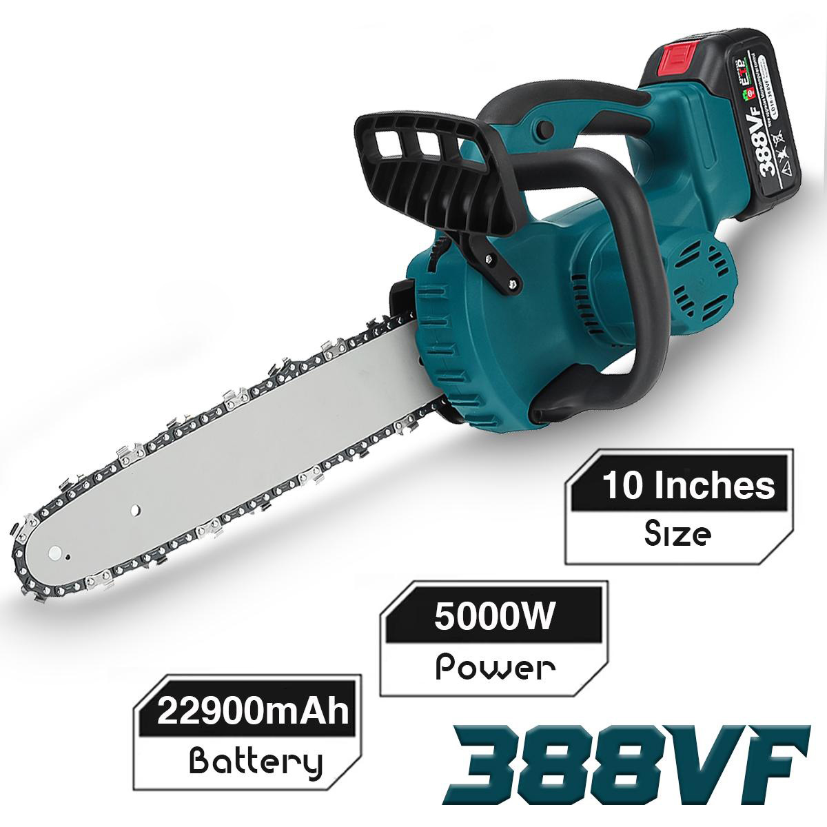 388VF 5000W 10 Inch Portable Electric Chain Saw Pruning Chain Saw Rechargeable Woodworking Power Tools Wood Cutter W/ 1/2 Battery EU Plug