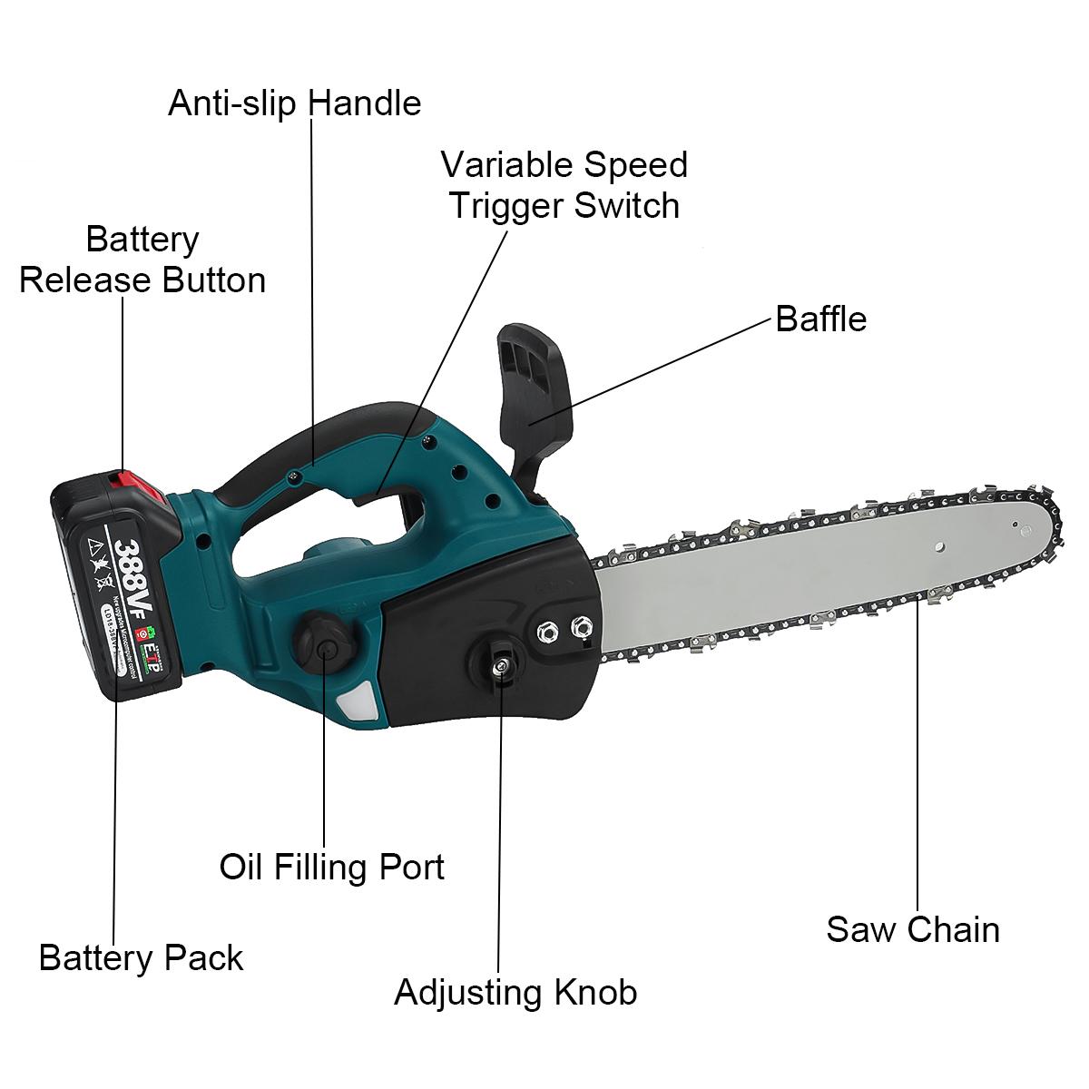 388VF 5000W 10 Inch Portable Electric Chain Saw Pruning Chain Saw Rechargeable Woodworking Power Tools Wood Cutter W/ 1/2 Battery EU Plug