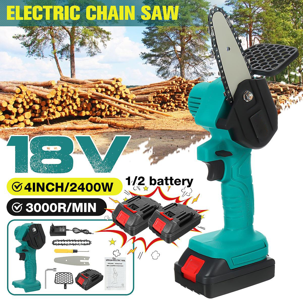 4In Mini Cordless Rechargeable Electric Chainsaw One-Hand Chain Saws Woodworking Cutting Tool W/ 1 or 2pcsch Pruning Cutter