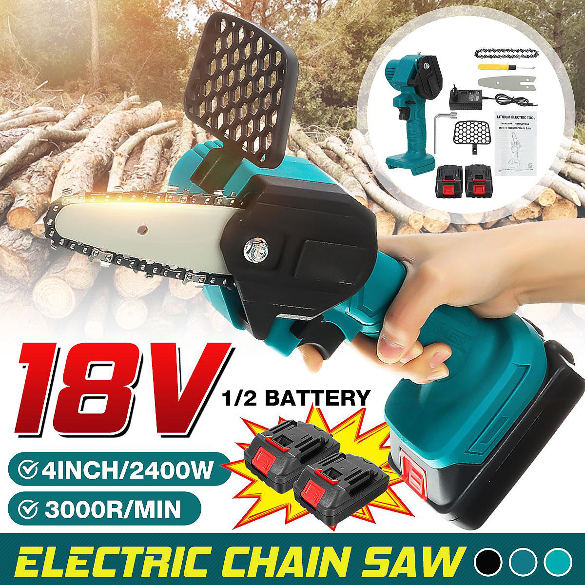 4In Mini Cordless Rechargeable Electric Chainsaw One-Hand Chain Saws Woodworking Cutting Tool W/ 1 or 2pcsch Pruning Cutter