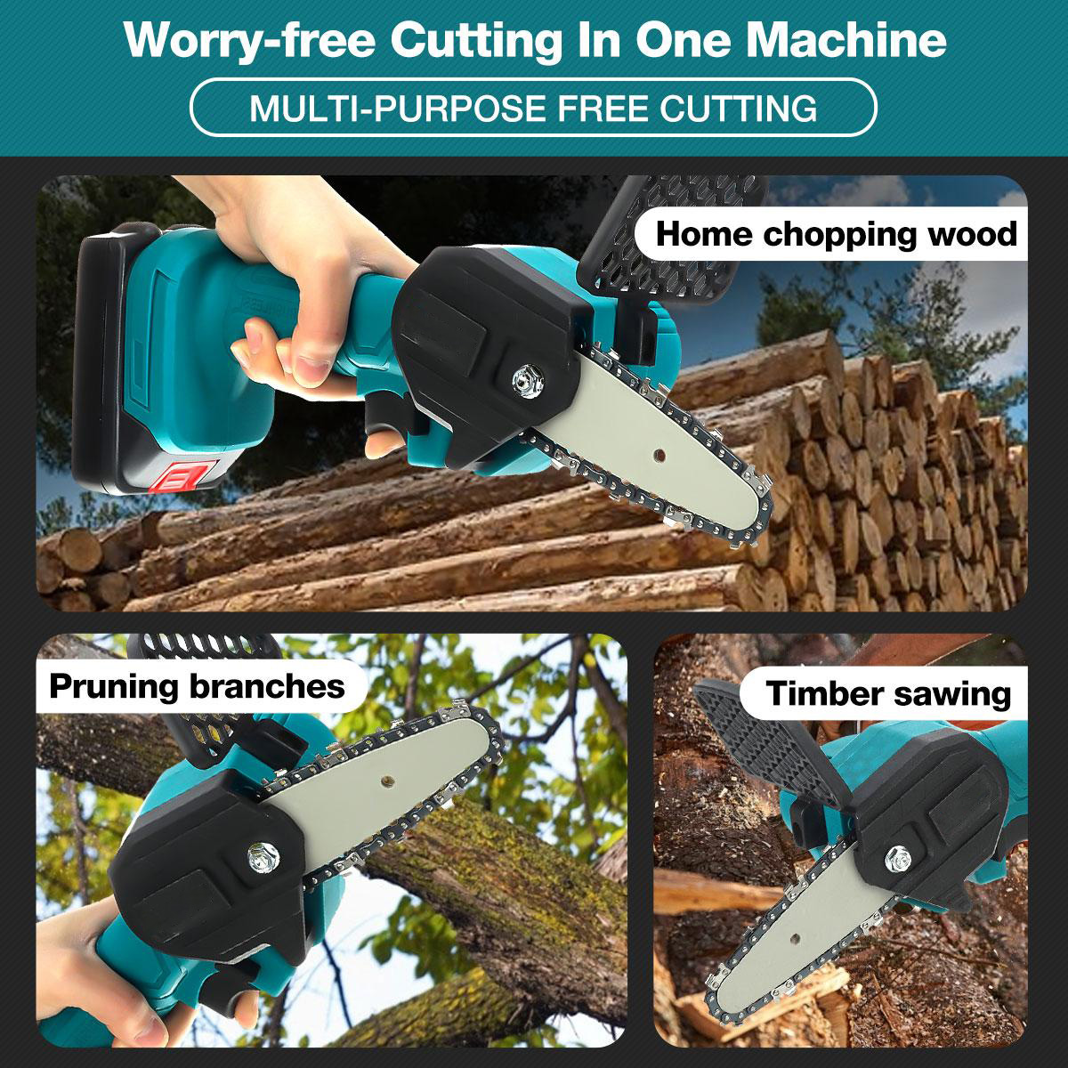 4In Mini Cordless Rechargeable Electric Chainsaw One-Hand Chain Saws Woodworking Cutting Tool W/ 1 or 2pcsch Pruning Cutter