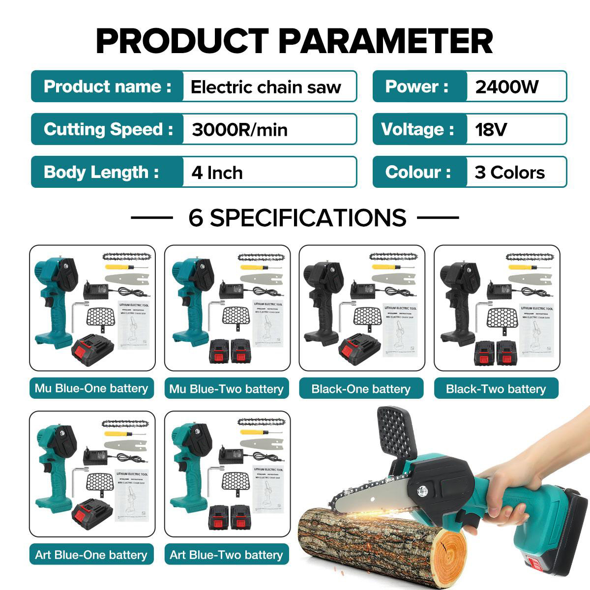 4In Mini Cordless Rechargeable Electric Chainsaw One-Hand Chain Saws Woodworking Cutting Tool W/ 1 or 2pcsch Pruning Cutter