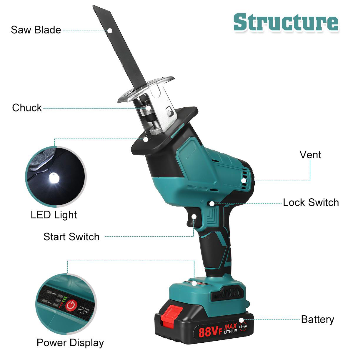 88VF 15mm 3000rpm Portable Electric Cordless Reciprocating Saw Pruning Chain Saw Rechargeable Woodworking Power Tools Wood Cutter