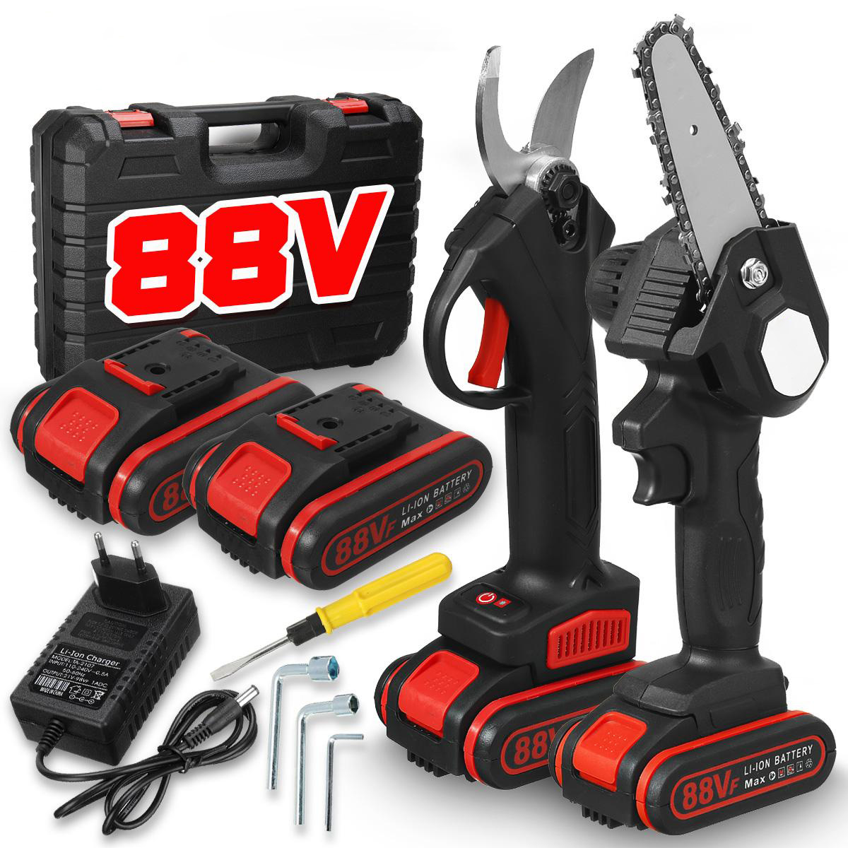 88VF 2IN1 Cordless Electric Chain Saw Pruning Shears Secateur Branch Cutter Scissor Woodworking Tool W/ 2pcs Battery