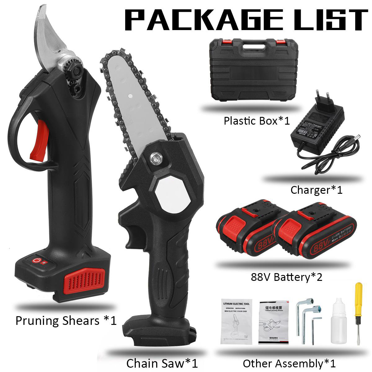 88VF 2IN1 Cordless Electric Chain Saw Pruning Shears Secateur Branch Cutter Scissor Woodworking Tool W/ 2pcs Battery