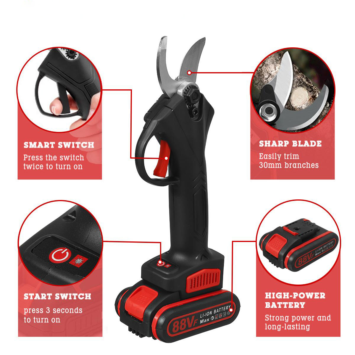 88VF 2IN1 Cordless Electric Chain Saw Pruning Shears Secateur Branch Cutter Scissor Woodworking Tool W/ 2pcs Battery