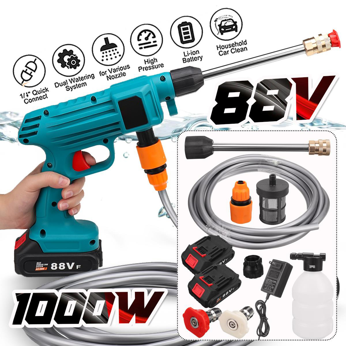 88VF Cordless High Pressure Washer Car Washing Spray Guns Water Cleaner W/ 1/2 Battery For MAKITA