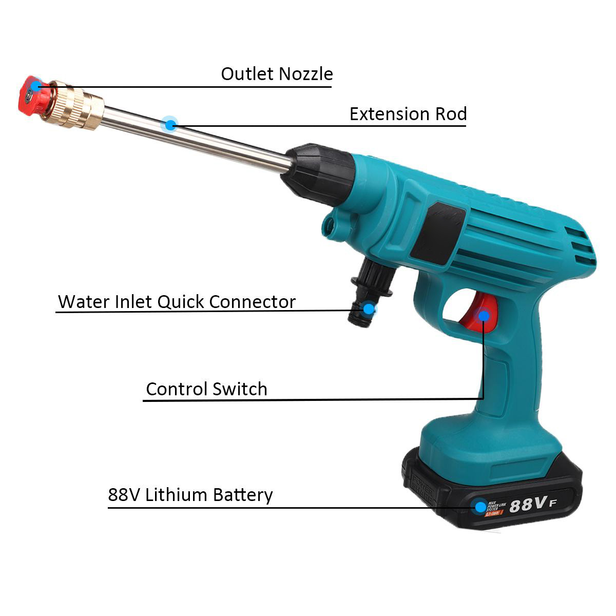 88VF Cordless High Pressure Washer Car Washing Spray Guns Water Cleaner W/ 1/2 Battery For MAKITA