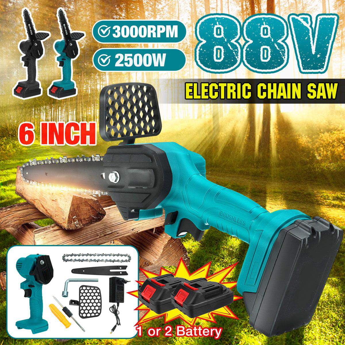 88VF 6 Inch Cordless Electric Chainsaw 3000W One-hand Handheld Garden Saws Wood Cutter