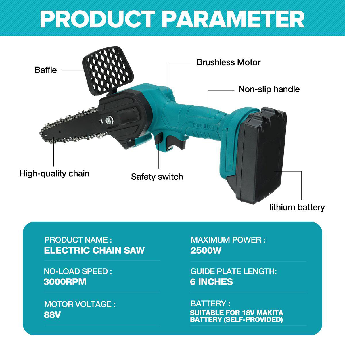 88VF 6 Inch Cordless Electric Chainsaw 3000W One-hand Handheld Garden Saws Wood Cutter