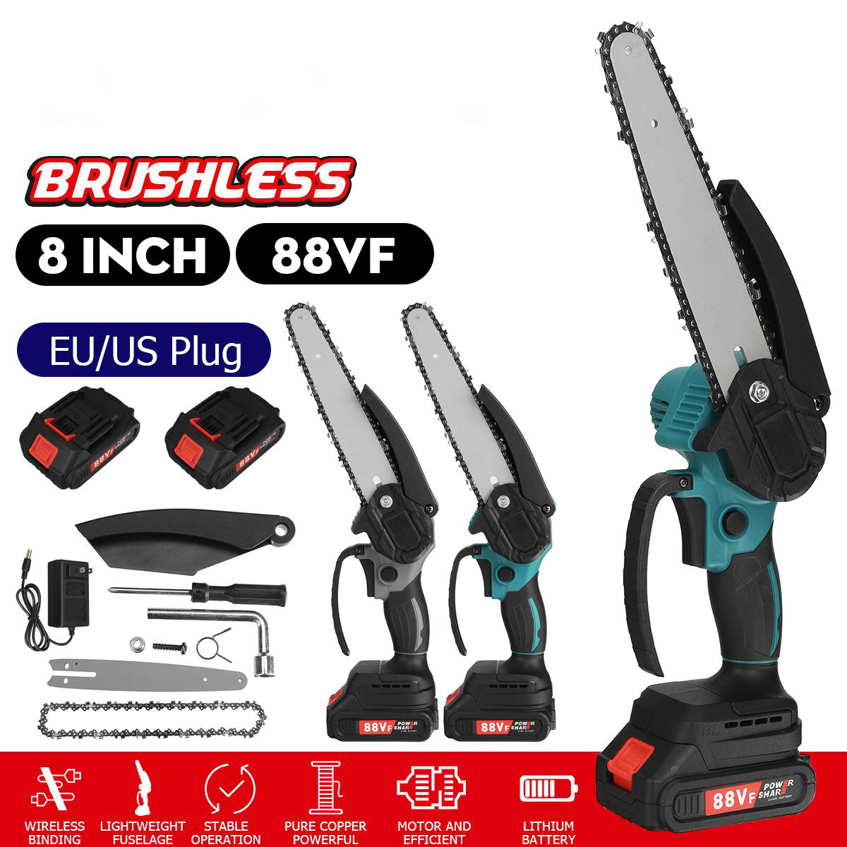 Socoje 88VF 8 Inch Brushless Portable Electric Saw Pruning Chain Saw Rechargeable Woodworking Power Tools Wood Cutter W/ 1/2 Battery EU/US Plug