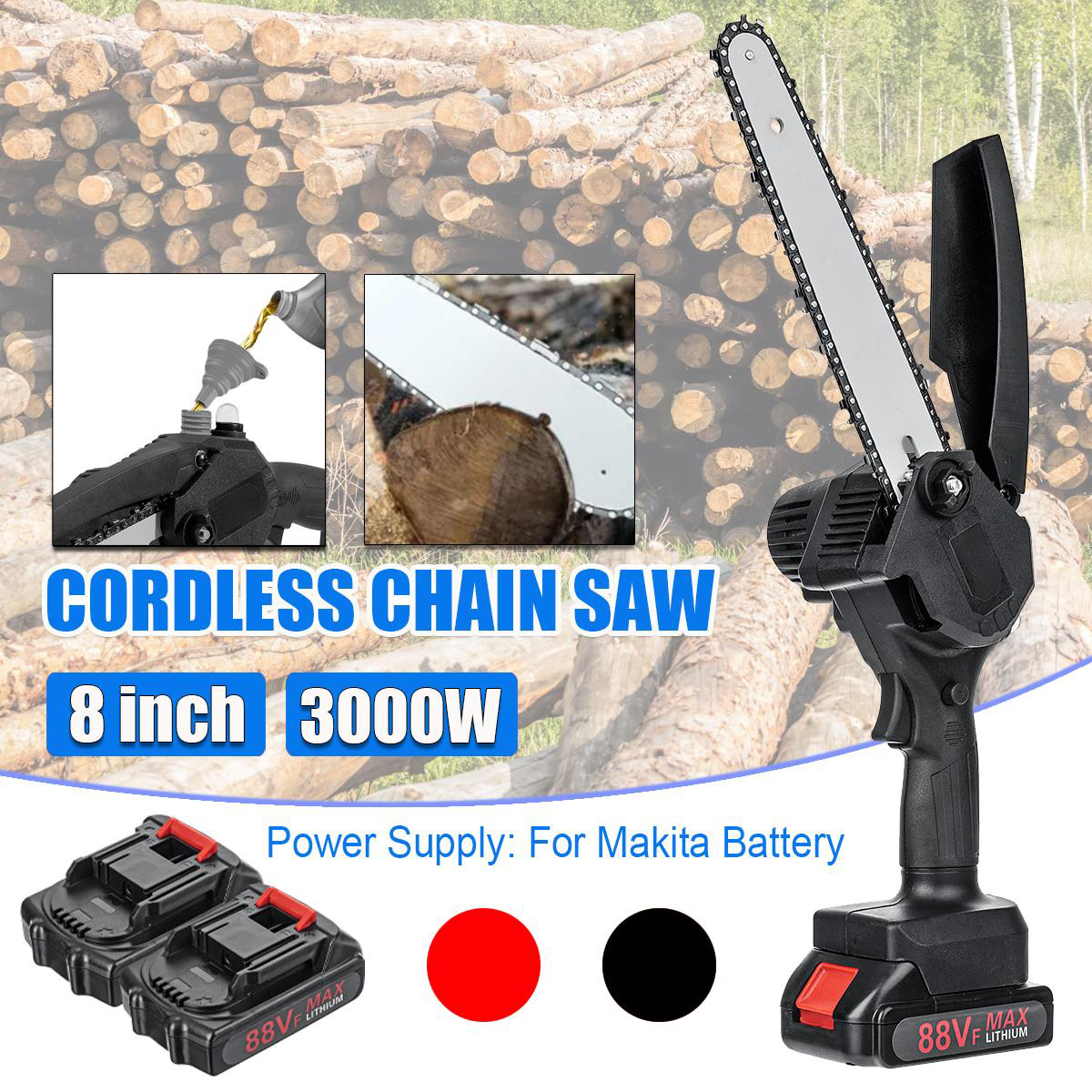 88VF 8 Inch Portable Electric Saw Pruning Chain Saws 3000W 5M/S Rechargeable Woodworking Power Tools Wood Cutter W/ None/1/2 Battery