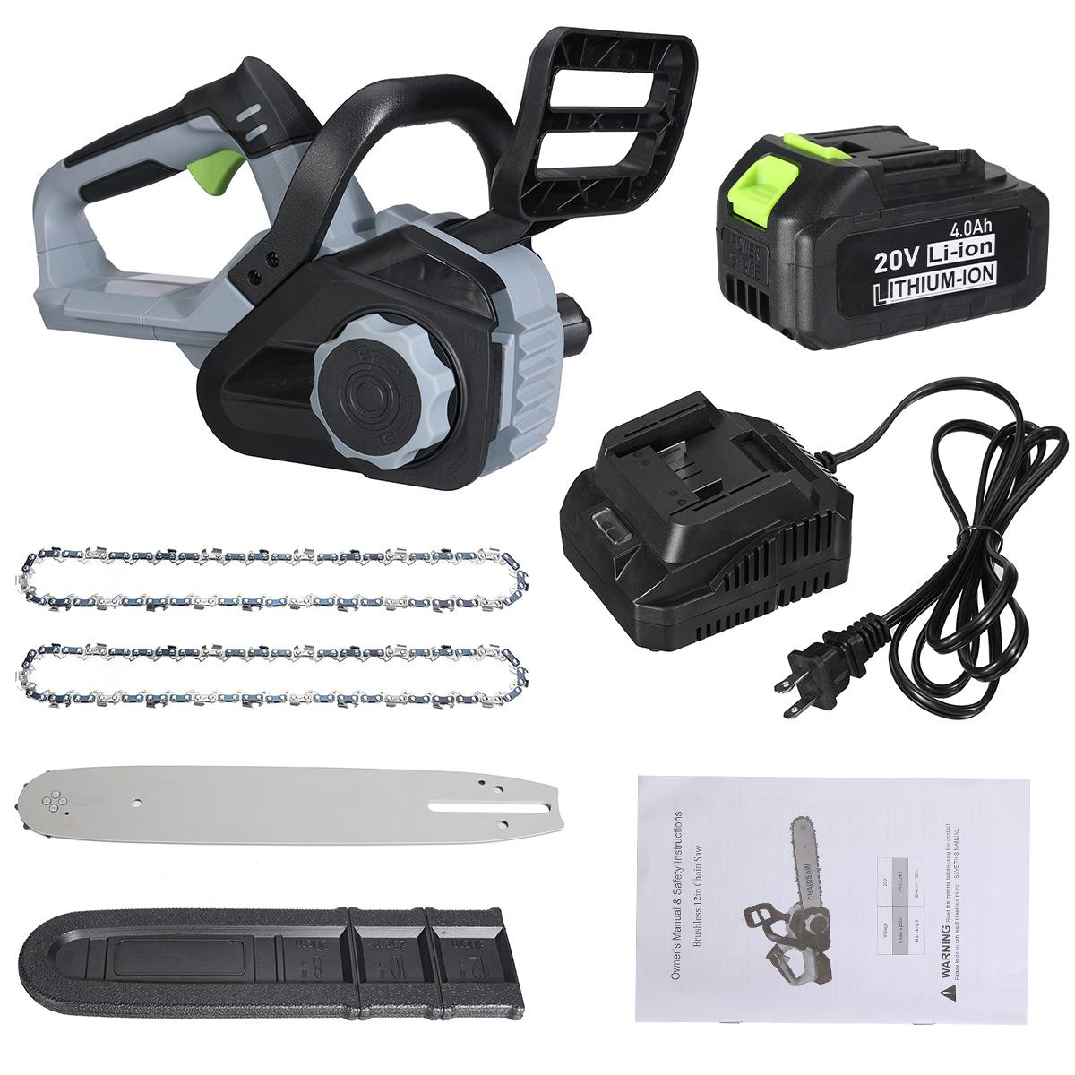 20V 12 Inch Cordless Chainsaw with Two Rechargeable 4.0Ah Battery Battery Powered Chainsaw Electric Chain Saw for Tree Branches Camping