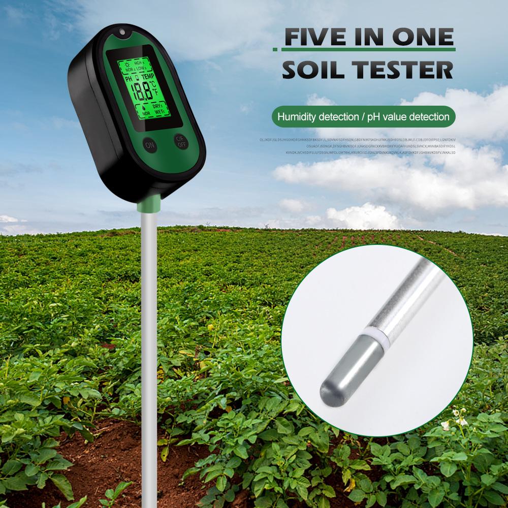 Garden 5 in 1 Soil Moisture Sensor pH Meter Metal Probe Soil Moisture Detector Acidity Temperature Tester for Plants Flowers