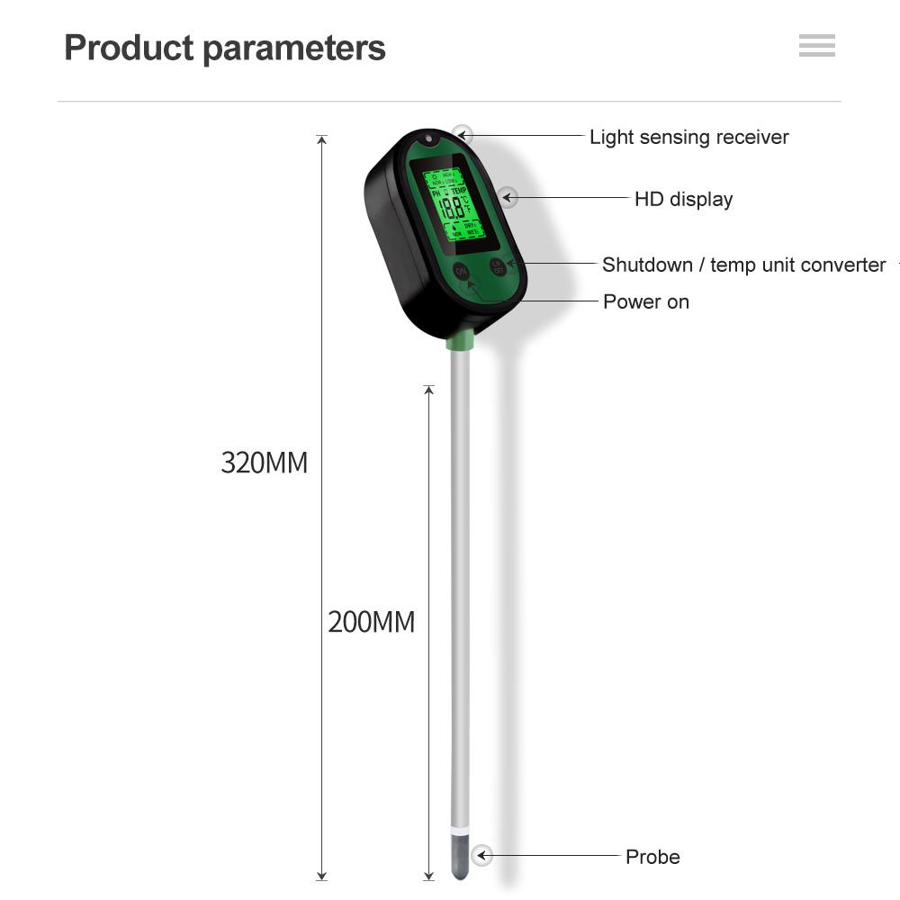 Garden 5 in 1 Soil Moisture Sensor pH Meter Metal Probe Soil Moisture Detector Acidity Temperature Tester for Plants Flowers