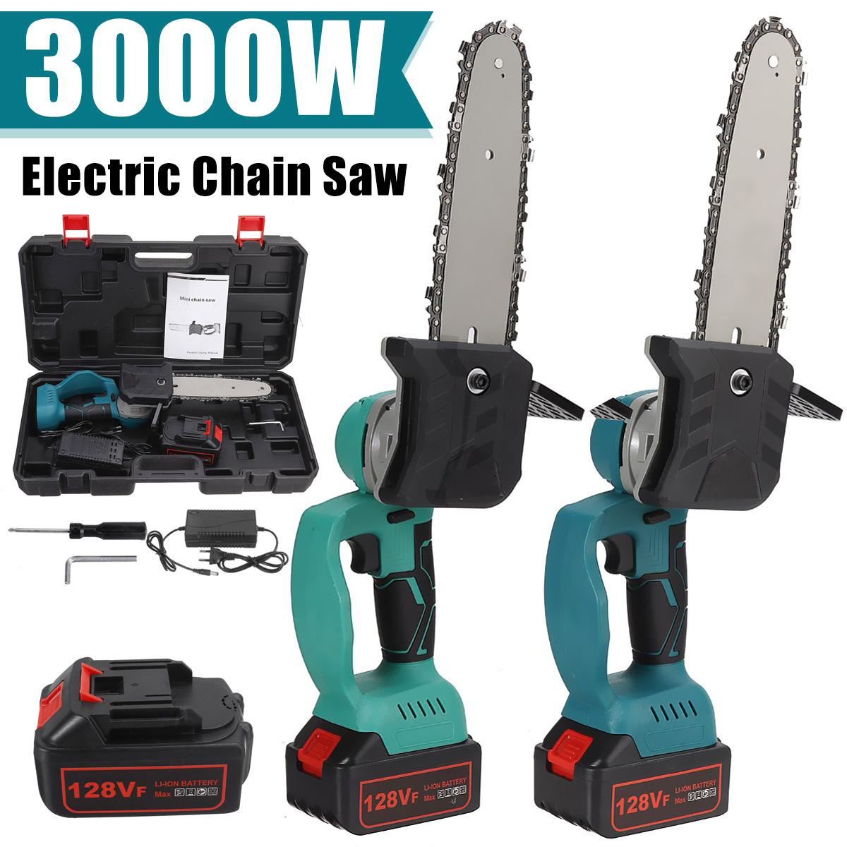 Socoje 128VF 8Inch Portable Electric Saw Pruning Chain Saw Rechargeable Woodworking Power Tools Wood Cutter W/ 1/2 Battery EU Plug Fit Makita