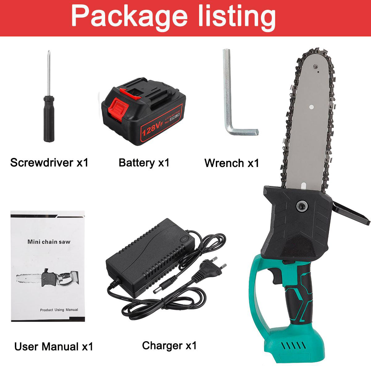 Socoje 128VF 8Inch Portable Electric Saw Pruning Chain Saw Rechargeable Woodworking Power Tools Wood Cutter W/ 1/2 Battery EU Plug Fit Makita