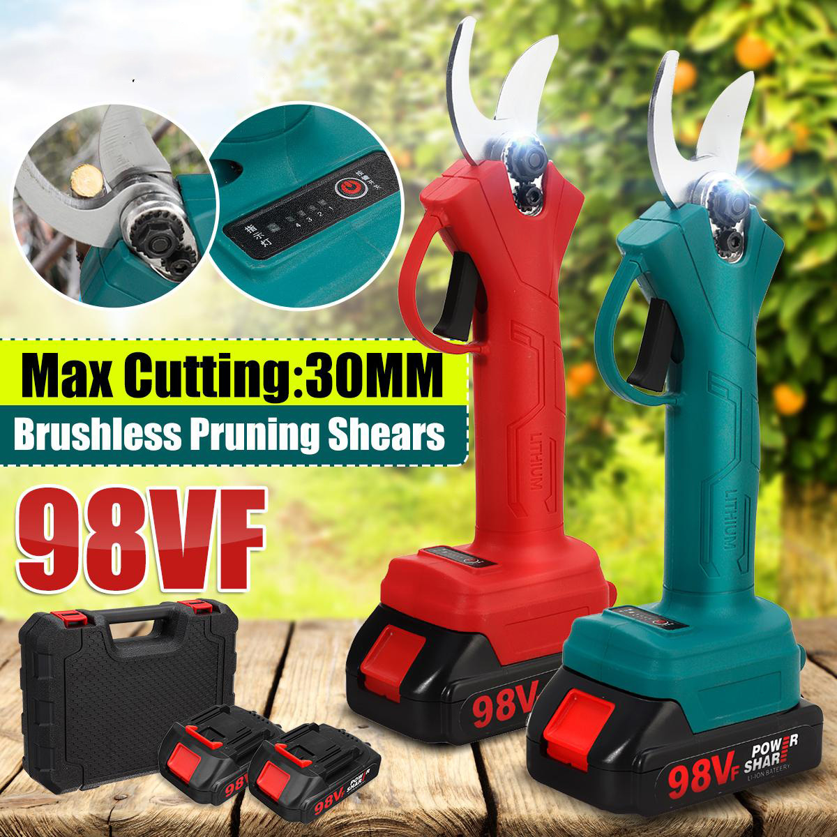Socoje 21V 30mm Cordless Electric Scissors 3 Gears Pruning Shears Tree Branch Pruner Garden Tools W/1pc/2pcs Battery