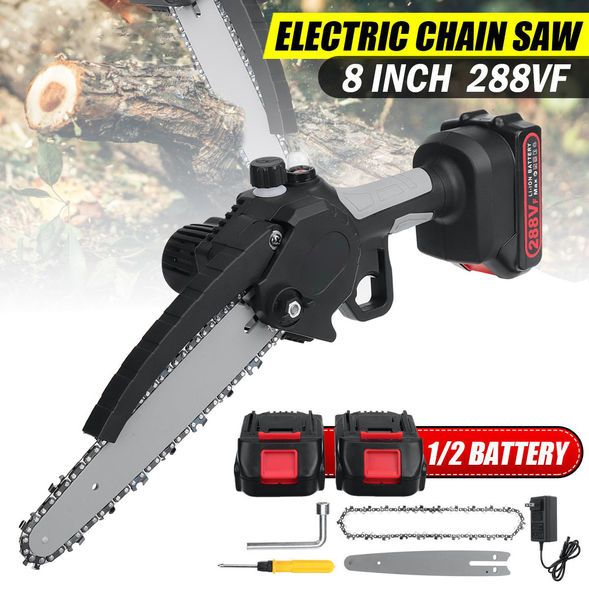 Socoje 288VF 8 Inch Portable Electric Saw Pruning Chain Saw Rechargeable Woodworking Power Tools Wood Cutter W/ 1/2 Battery EU/US/AU Plug