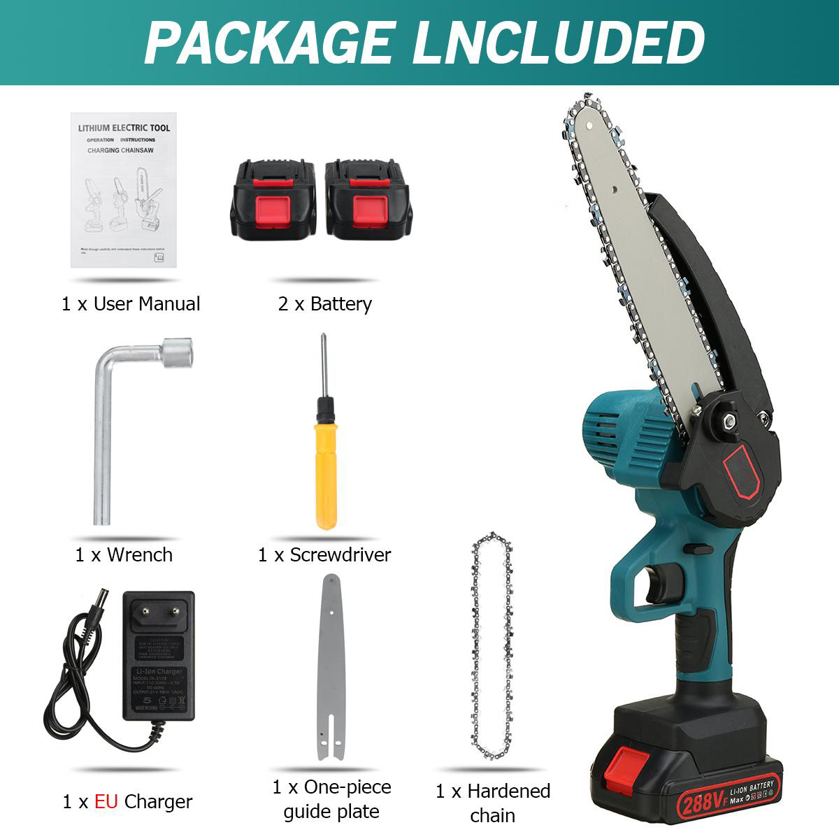 Socoje 8 Inch Portable Electric Saw Pruning Chain Saw Rechargeable Woodworking Power Tools Wood Cutter W/ 1/2 Battery EU/US/AU Plug