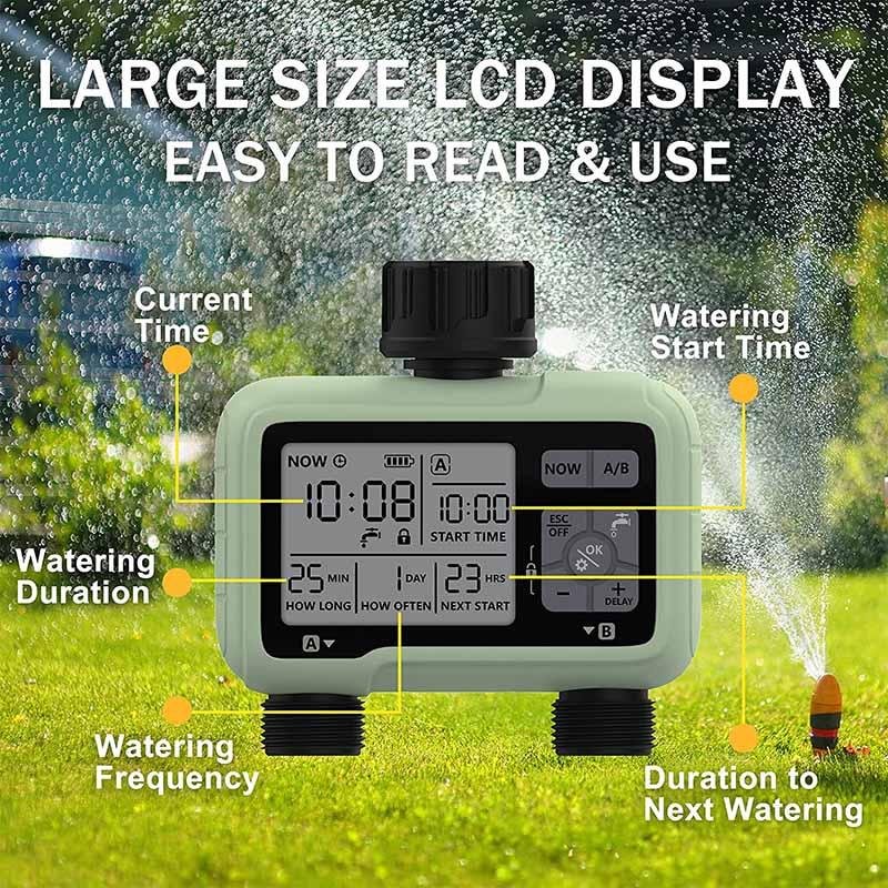Large Screen Display Irrigation Controller Outdoor 2 Zone Programmable Garden Water Timer Automatic Irrigation System Controller
