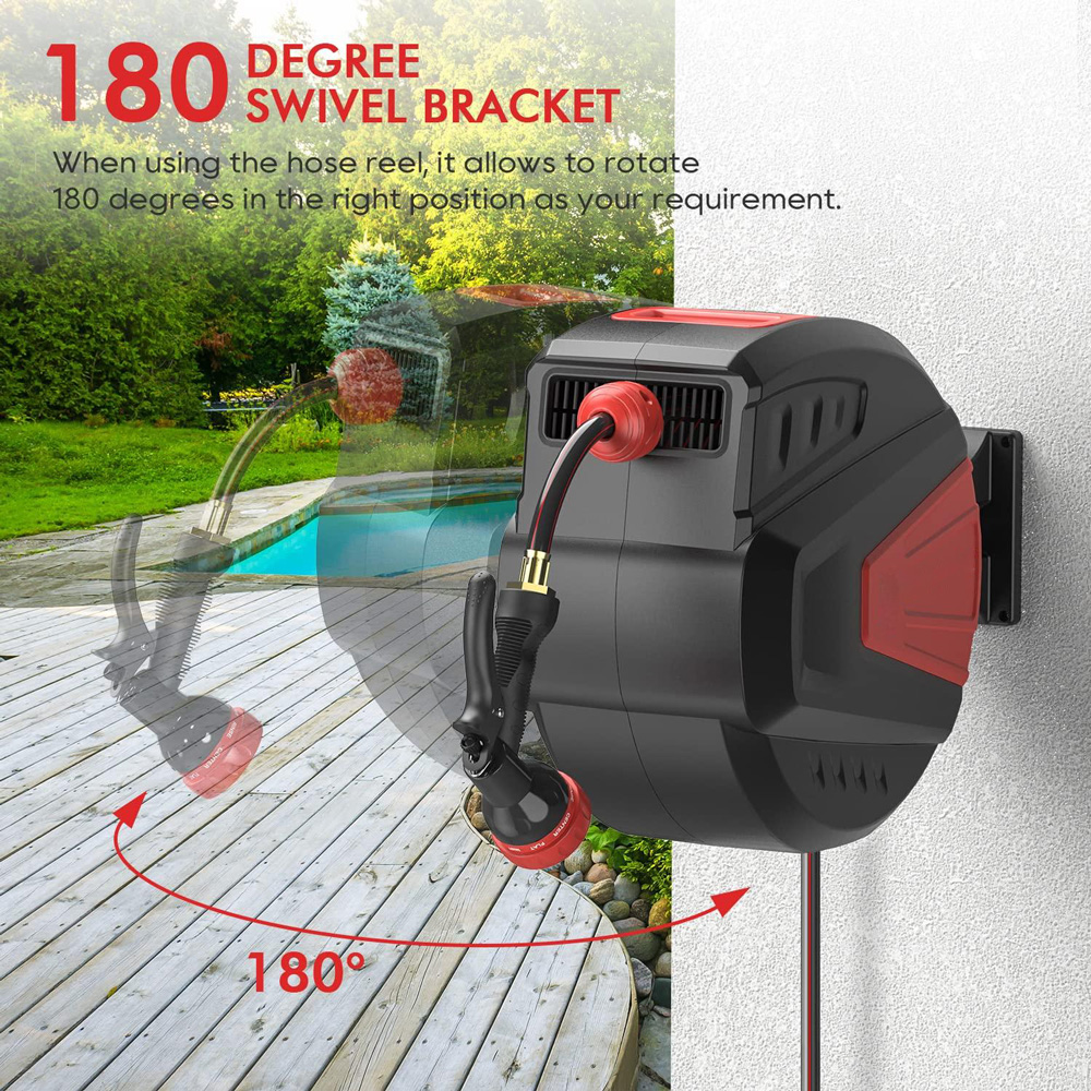 ELG01 Retractable Garden Hose Reel 100ft PVC Heavy-Duty Wall Mounted 9-Pattern Nozzle Adjustable Lock Length 180 degrees Swivel Bracket Top Rated
