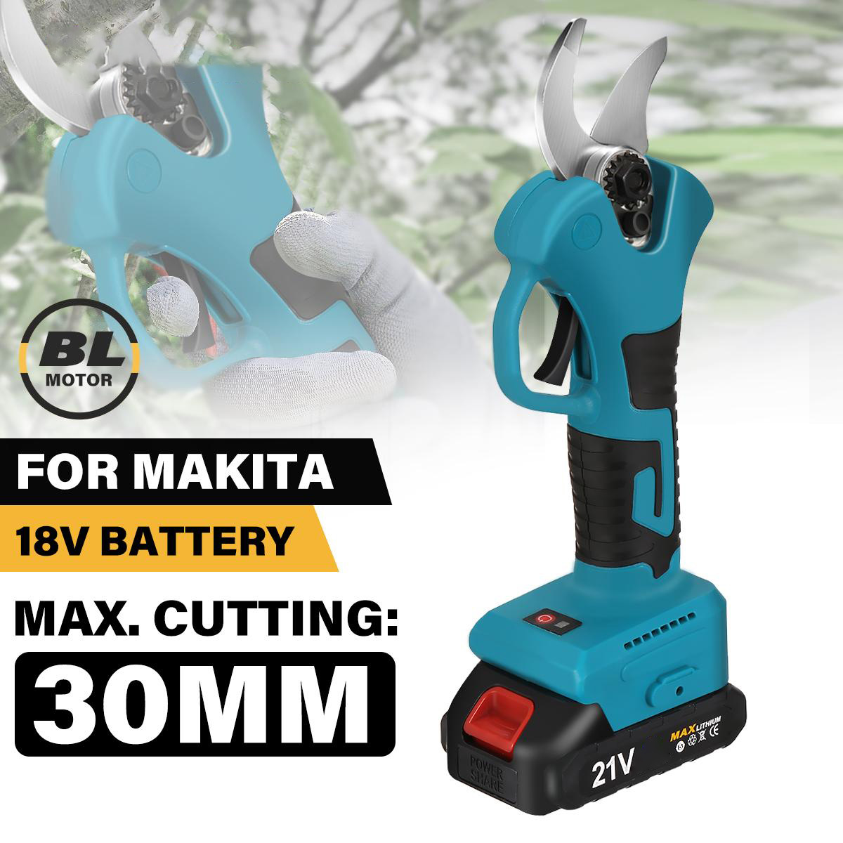 Socoje 21V Brushless Pruning Shears with 1500mAh Battery and EU Plug Charger in Blue and Black  Packaged in CE-Labeled Paper Box
