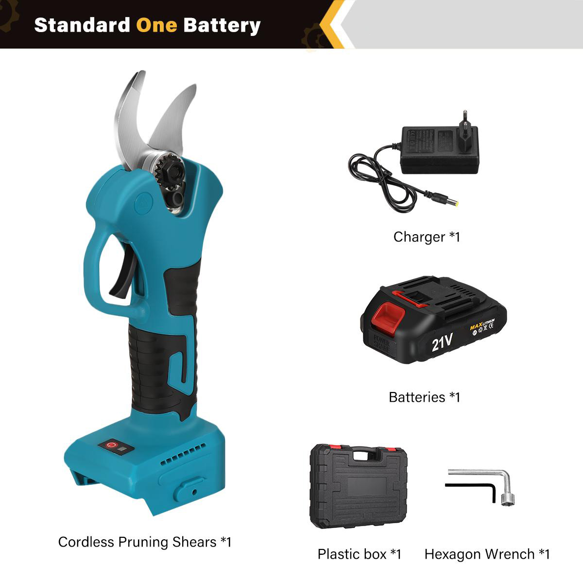 Socoje 21V Brushless Pruning Shears with 1500mAh Battery and EU Plug Charger in Blue and Black  Packaged in CE-Labeled Paper Box