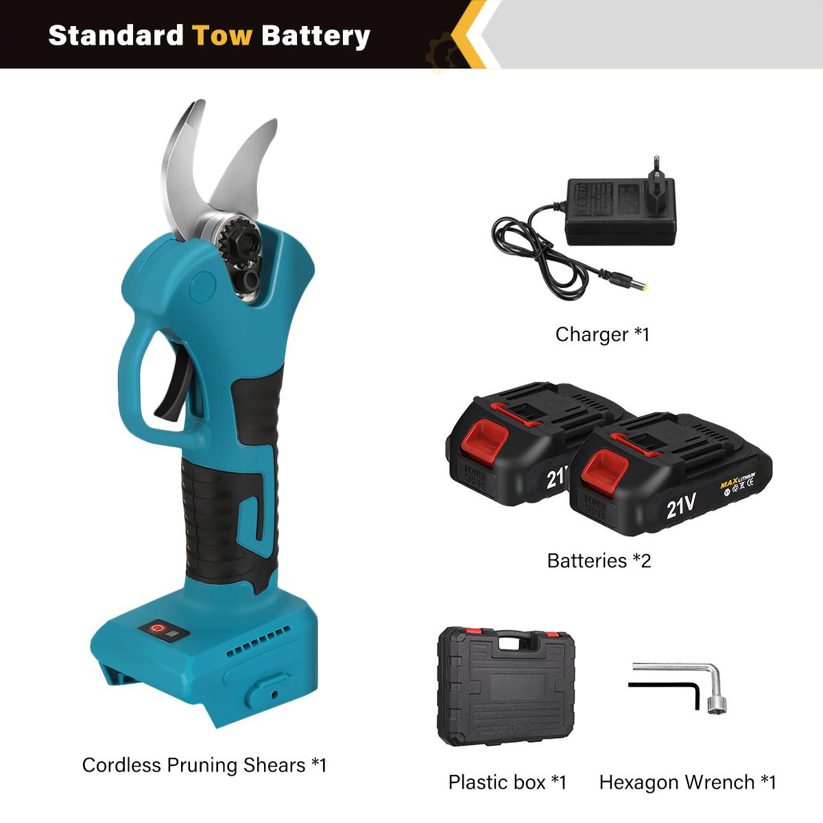 Socoje 21V Brushless Pruning Shears with 1500mAh Battery and EU Plug Charger in Blue and Black  Packaged in CE-Labeled Paper Box