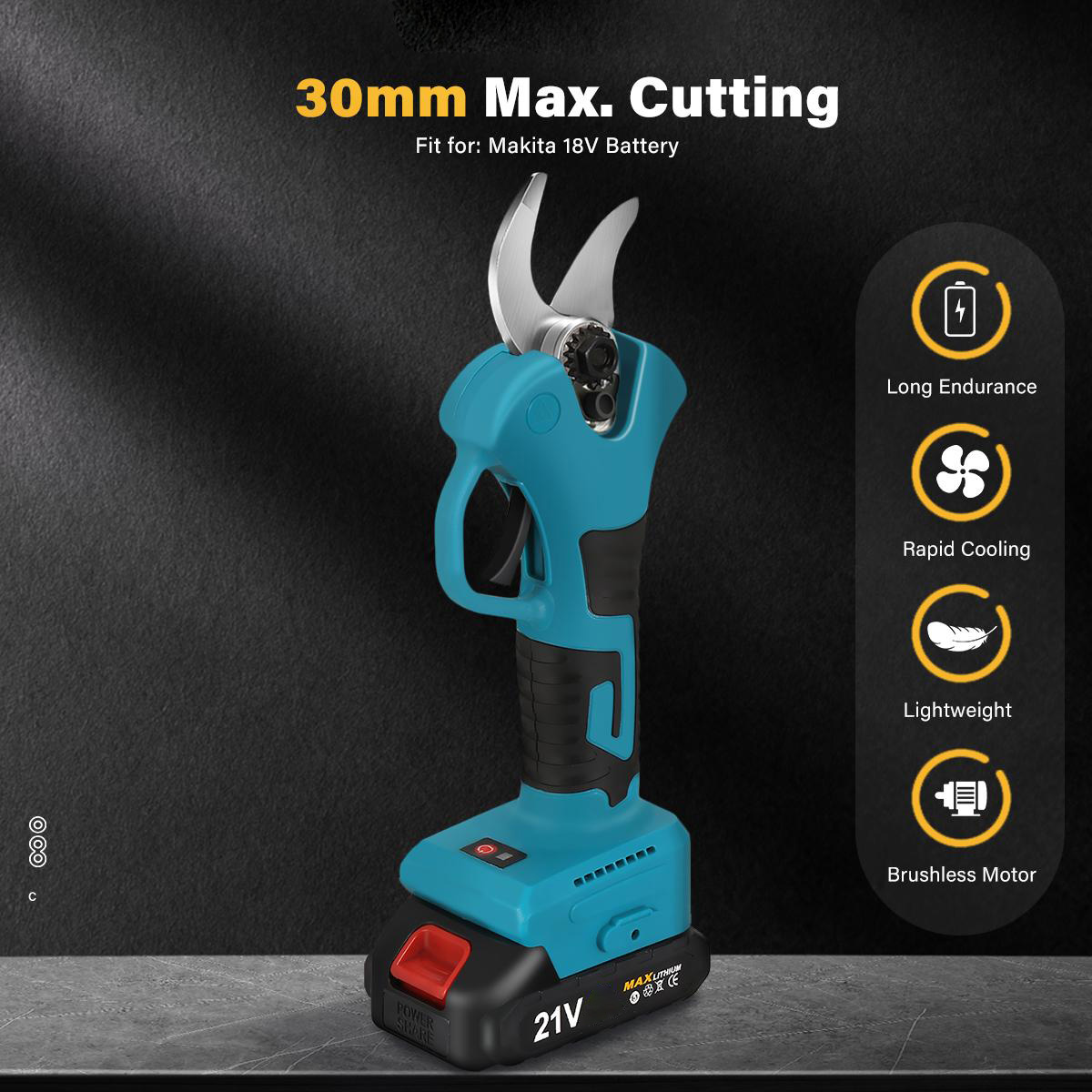 Socoje 21V Brushless Pruning Shears with 1500mAh Battery and EU Plug Charger in Blue and Black  Packaged in CE-Labeled Paper Box