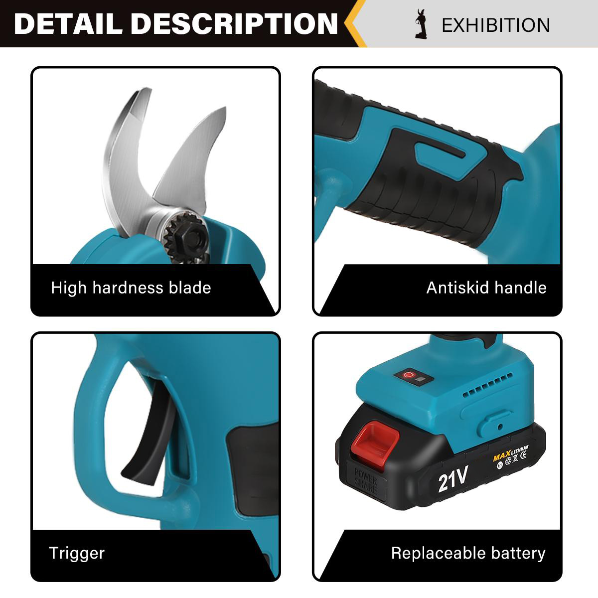 Socoje 21V Brushless Pruning Shears with 1500mAh Battery and EU Plug Charger in Blue and Black  Packaged in CE-Labeled Paper Box