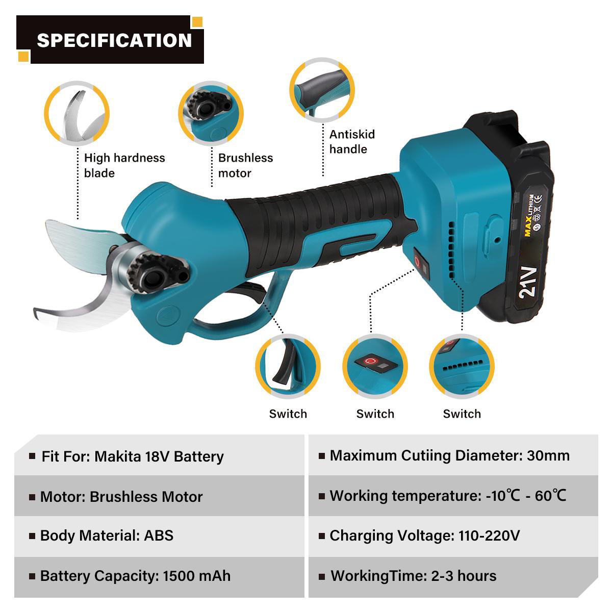 Socoje 21V Brushless Pruning Shears with 1500mAh Battery and EU Plug Charger in Blue and Black  Packaged in CE-Labeled Paper Box