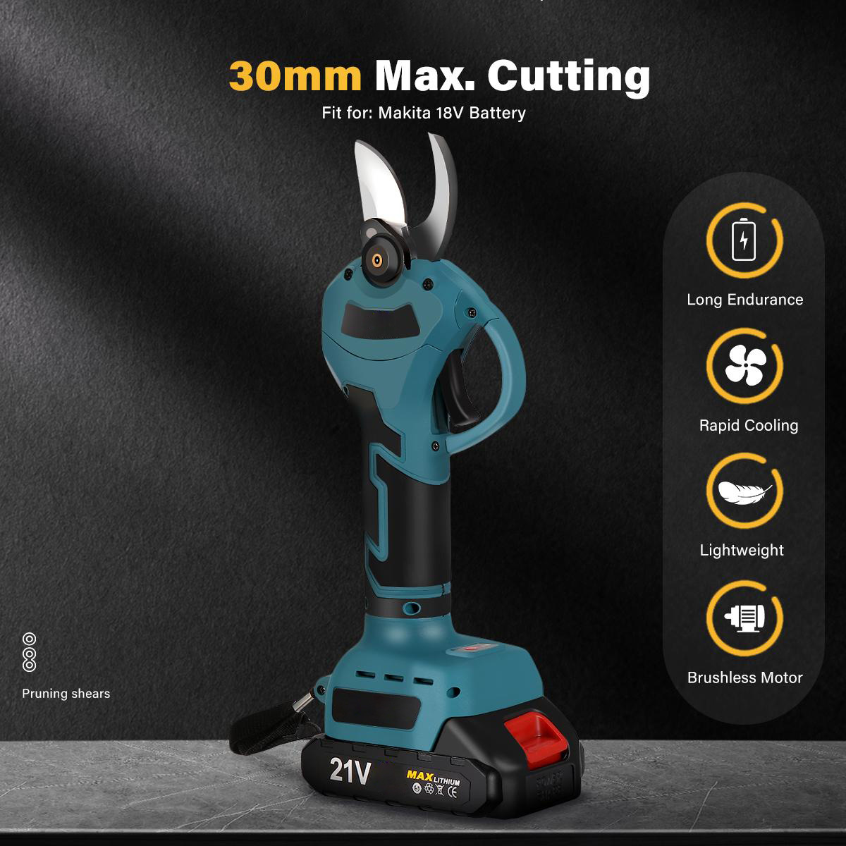 Socoje 21V Brushless Pruning Shears with 1500mAh Battery and European Charger in Blue and Black - Compact Plastic Case with CE Label and 30mm Opening.