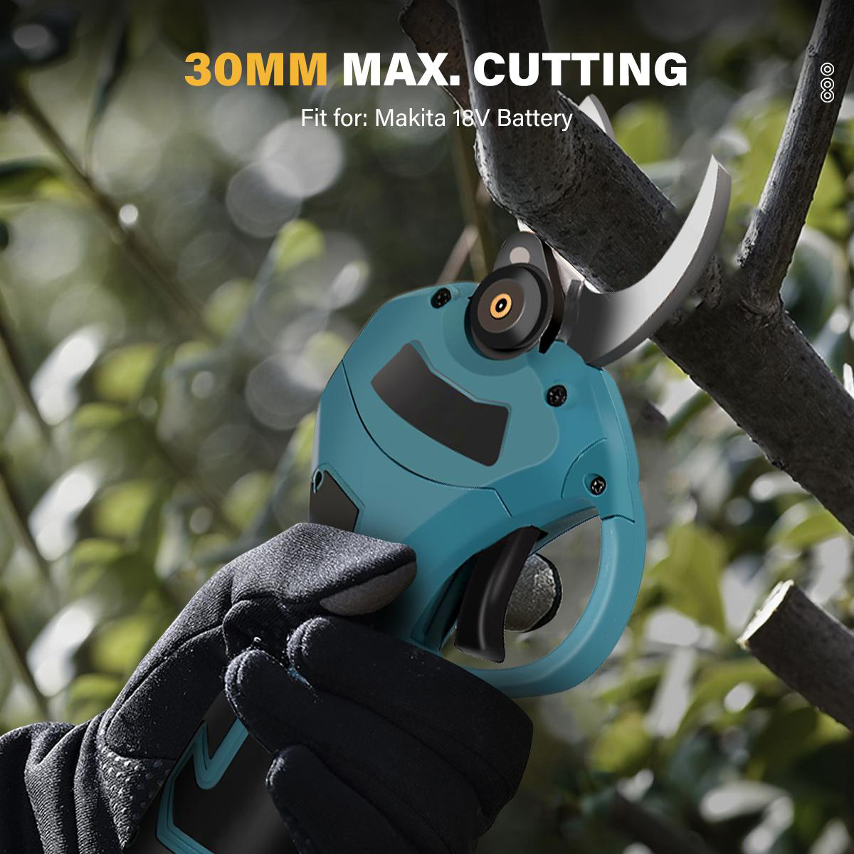 Socoje 21V Brushless Pruning Shears with 1500mAh Battery and European Charger in Blue and Black - Compact Plastic Case with CE Label and 30mm Opening.