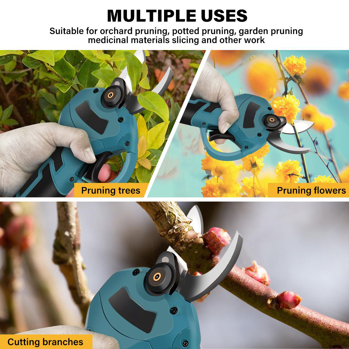 Socoje 21V Brushless Pruning Shears with 1500mAh Battery and European Charger in Blue and Black - Compact Plastic Case with CE Label and 30mm Opening.
