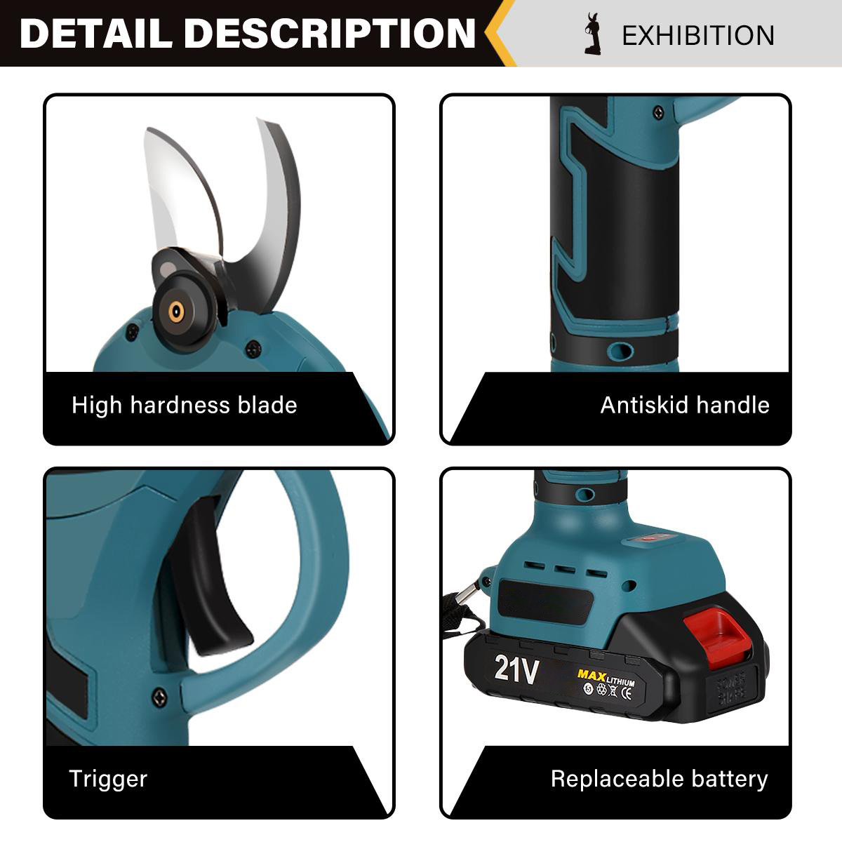 Socoje 21V Brushless Pruning Shears with 1500mAh Battery and European Charger in Blue and Black - Compact Plastic Case with CE Label and 30mm Opening.