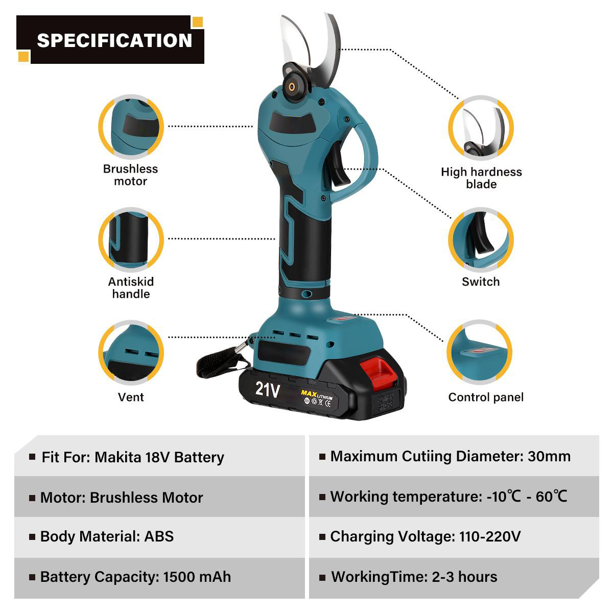 Socoje 21V Brushless Pruning Shears with 1500mAh Battery and European Charger in Blue and Black - Compact Plastic Case with CE Label and 30mm Opening.