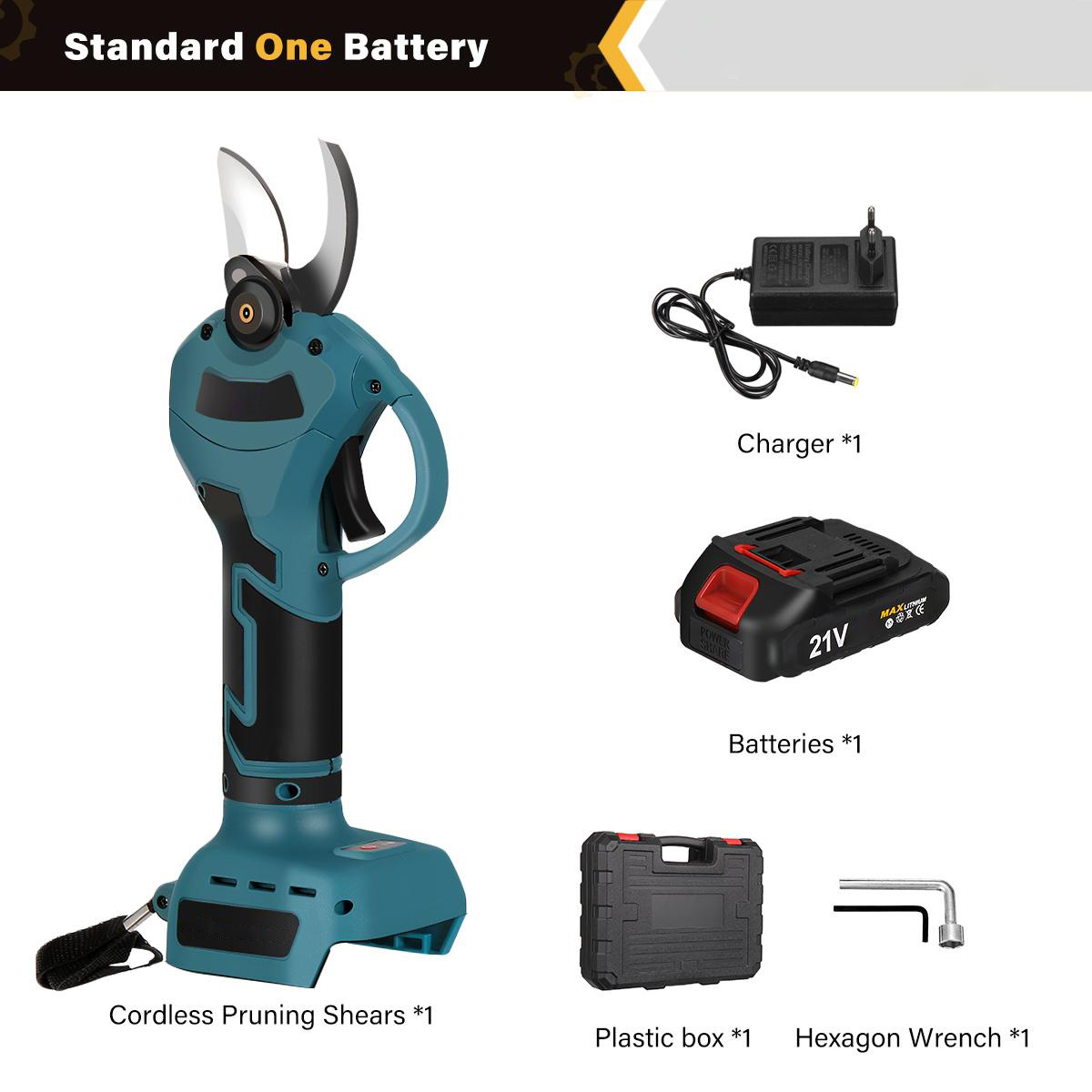 Socoje 21V Brushless Pruning Shears with 1500mAh Battery and European Charger in Blue and Black - Compact Plastic Case with CE Label and 30mm Opening.